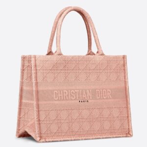 Dior Small Book Tote Bag In Pink Cannage Embroidery