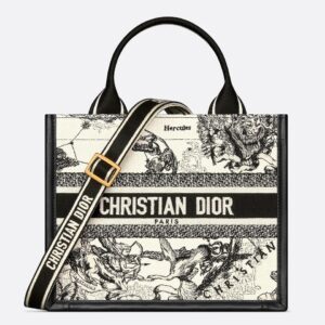 Dior Small Book Tote Bag with Strap in Zodiac Embroidery and Black Calfskin
